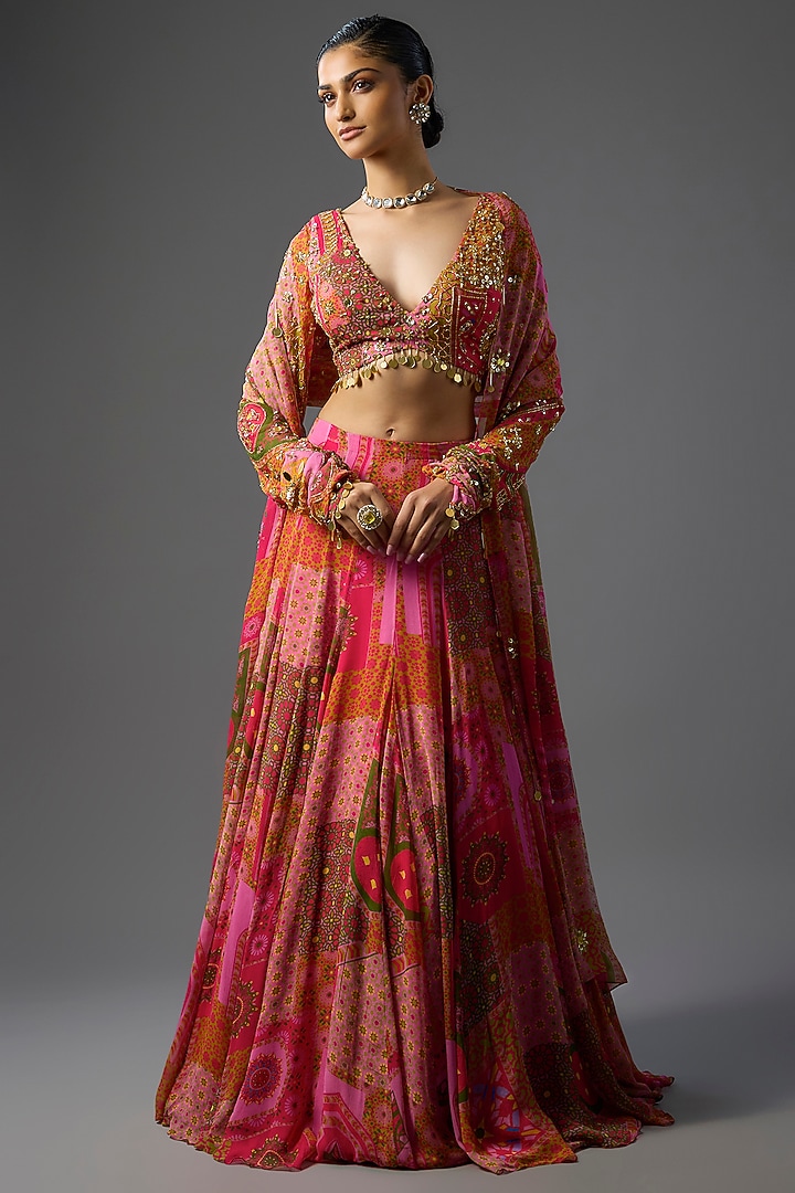 Yellow & Fuchsia Georgette Abstract Jaal Printed Skirt Set by DiyaRajvvir at Pernia's Pop Up Shop