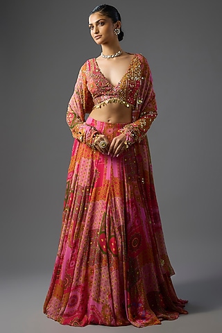 Yellow & Fuchsia Georgette Abstract Jaal Printed Skirt Set by DiyaRajvvir