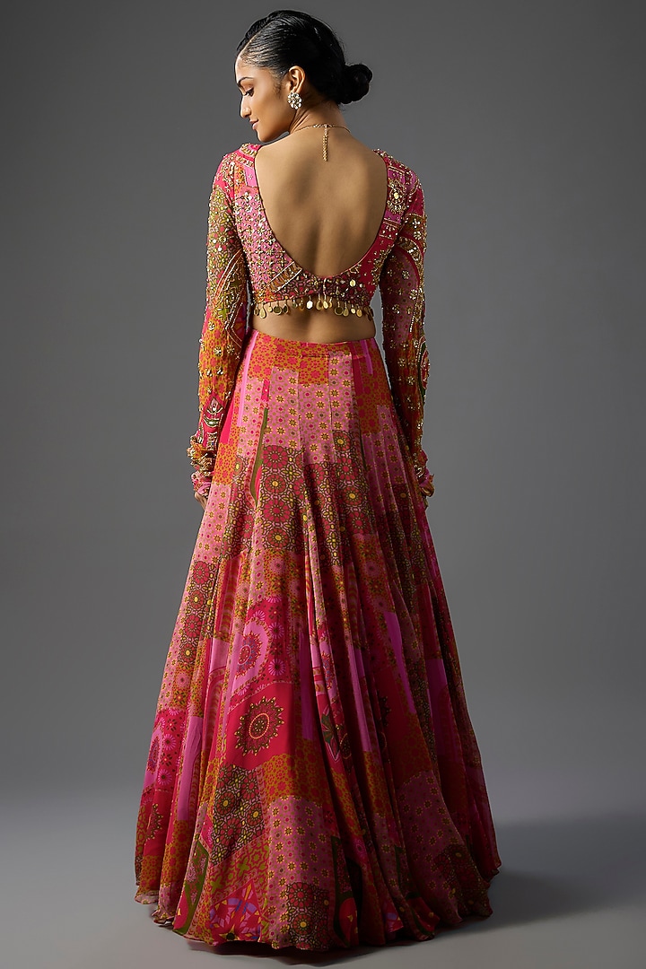 Yellow & Fuchsia Georgette Abstract Jaal Printed Skirt Set by DiyaRajvvir at Pernia's Pop Up Shop