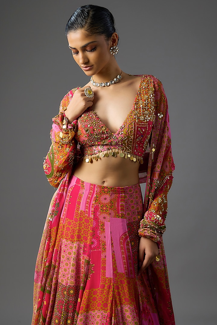 Yellow & Fuchsia Georgette Abstract Jaal Printed Skirt Set by DiyaRajvvir at Pernia's Pop Up Shop