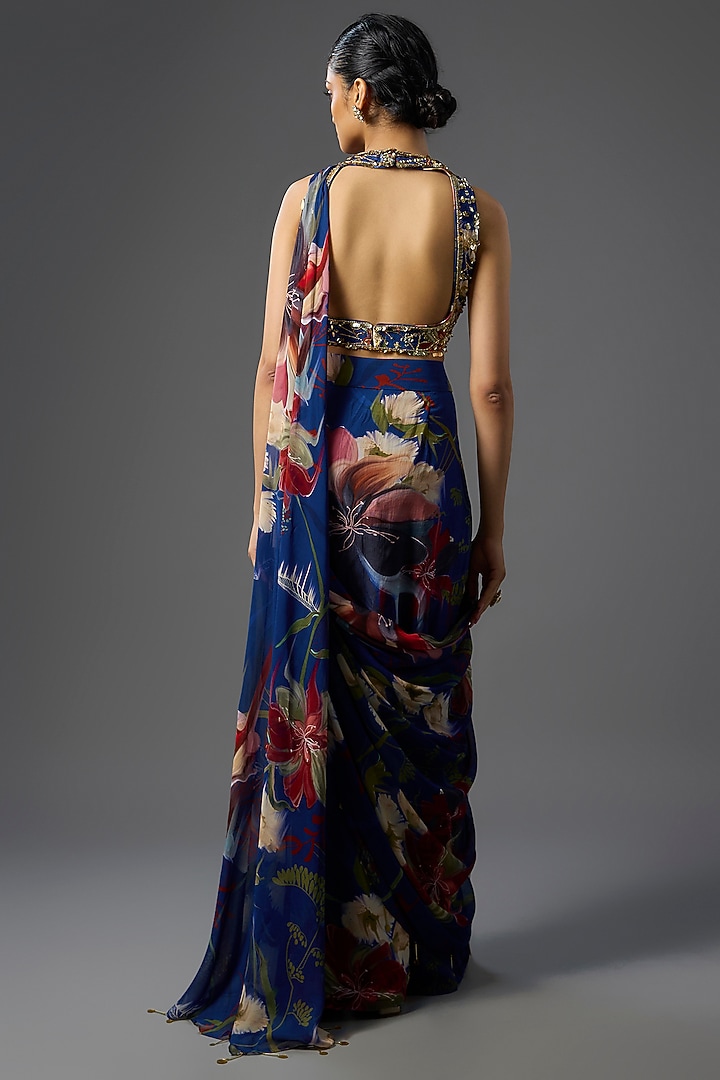Blue Crepe Floral Printed Skirt Wedding Saree Set by DiyaRajvvir at Pernia's Pop Up Shop