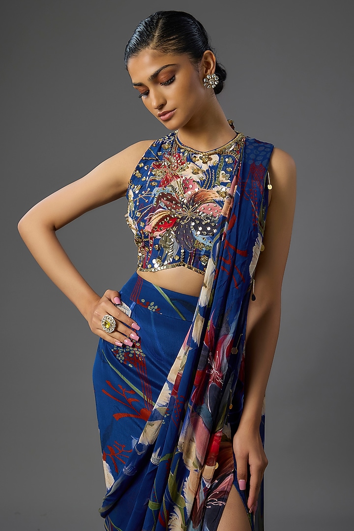 Blue Crepe Floral Printed Skirt Wedding Saree Set by DiyaRajvvir at Pernia's Pop Up Shop