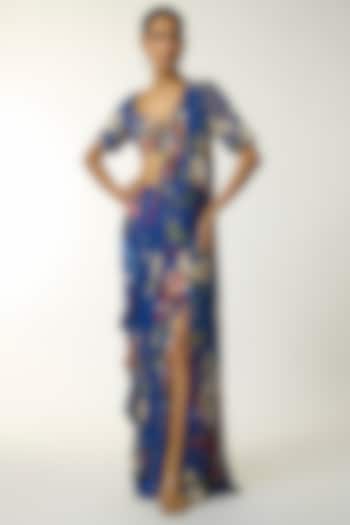 Blue Crepe Floral Printed Skirt Wedding Saree Set by DiyaRajvvir at Pernia's Pop Up Shop