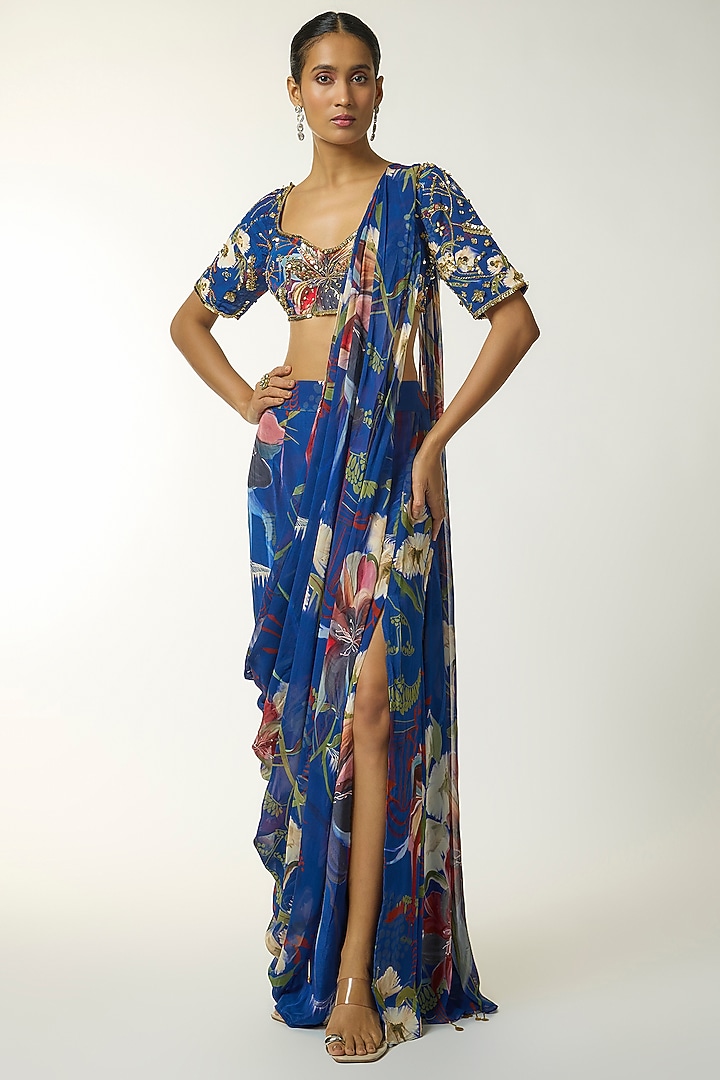 Blue Crepe Floral Printed Skirt Wedding Saree Set by DiyaRajvvir at Pernia's Pop Up Shop