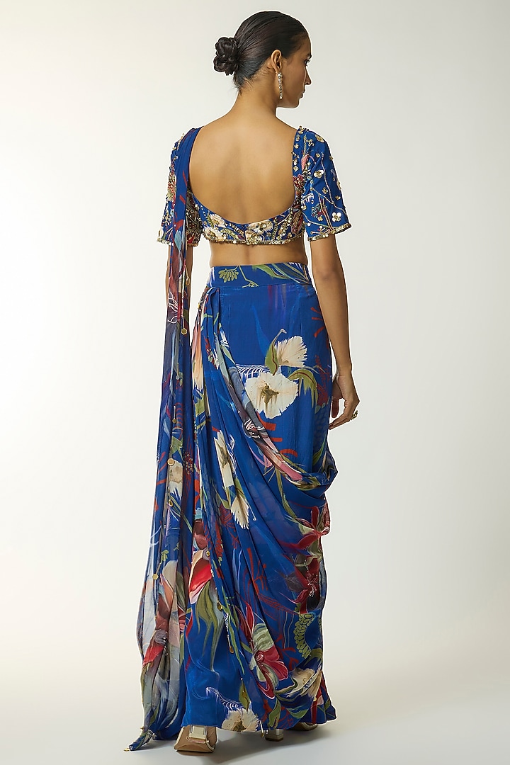 Blue Crepe Floral Printed Skirt Wedding Saree Set by DiyaRajvvir at Pernia's Pop Up Shop