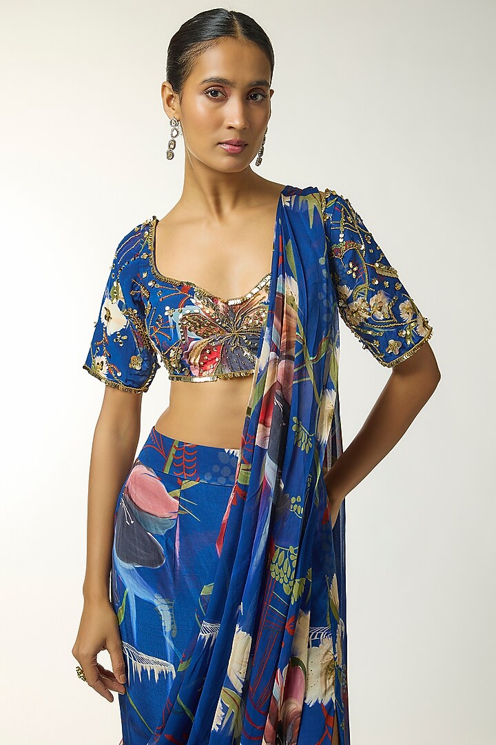 Blue Crepe Floral Printed Skirt Wedding Saree Set by DiyaRajvvir at Pernia's Pop Up Shop