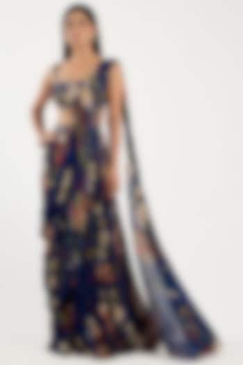 Blue Crepe & Georgette Floral Printed Tiered Wedding Saree Set by DiyaRajvvir at Pernia's Pop Up Shop