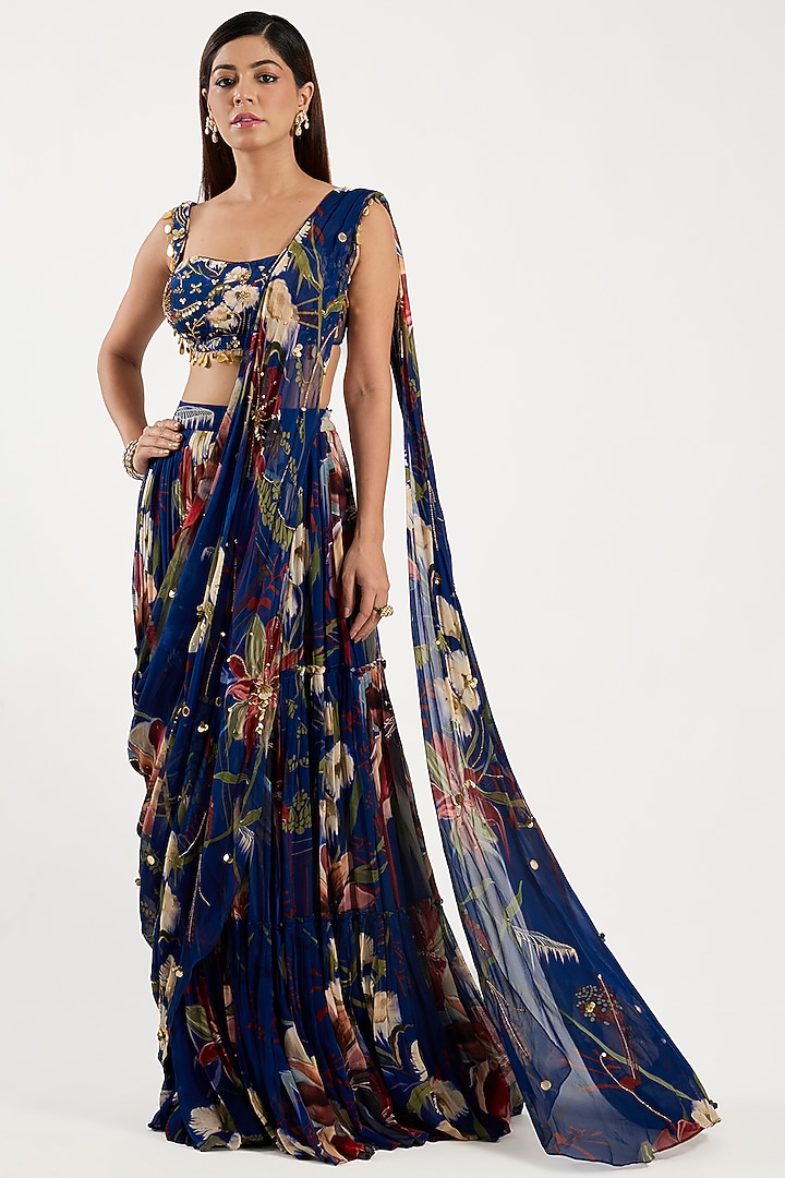 Blue Crepe & Georgette Floral Printed Tiered Wedding Saree Set by DiyaRajvvir at Pernia's Pop Up Shop