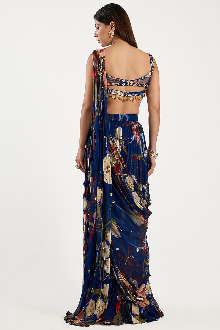 Blue Crepe & Georgette Floral Printed Tiered Wedding Saree Set by DiyaRajvvir at Pernia's Pop Up Shop