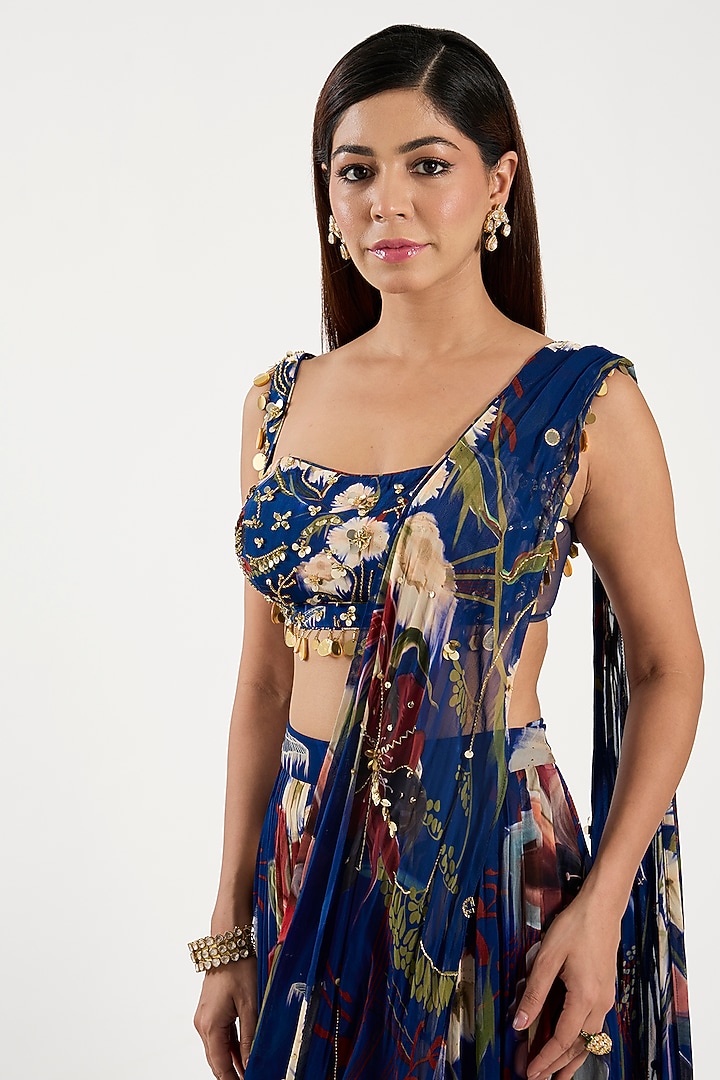 Blue Crepe & Georgette Floral Printed Tiered Wedding Saree Set by DiyaRajvvir at Pernia's Pop Up Shop