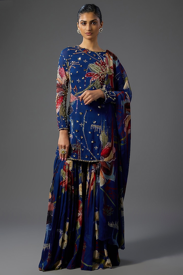 Blue Georgette Floral Printed Gharara Set by DiyaRajvvir at Pernia's Pop Up Shop