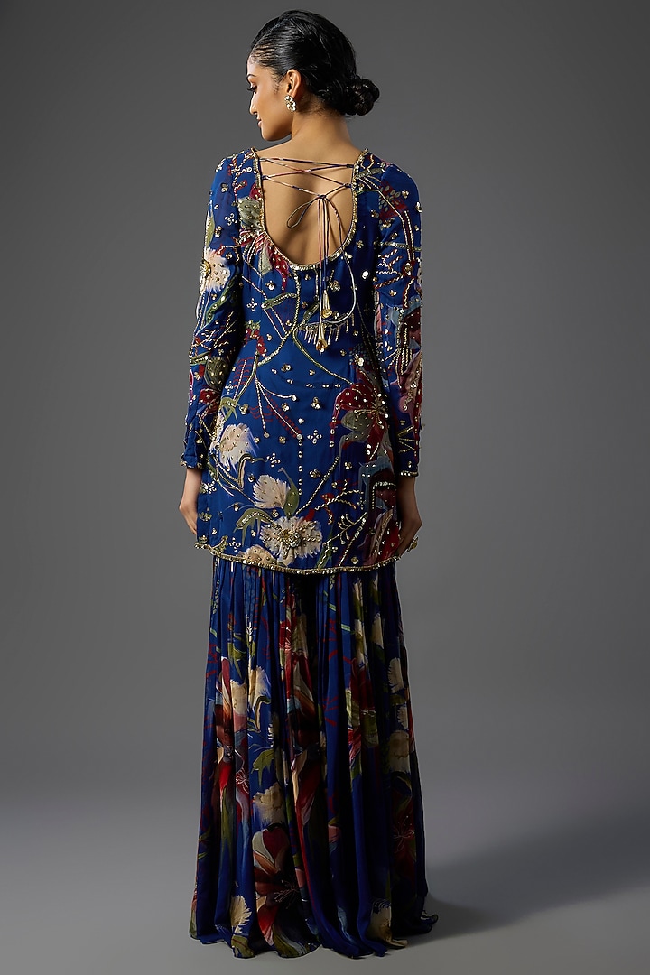 Blue Georgette Floral Printed Gharara Set by DiyaRajvvir at Pernia's Pop Up Shop
