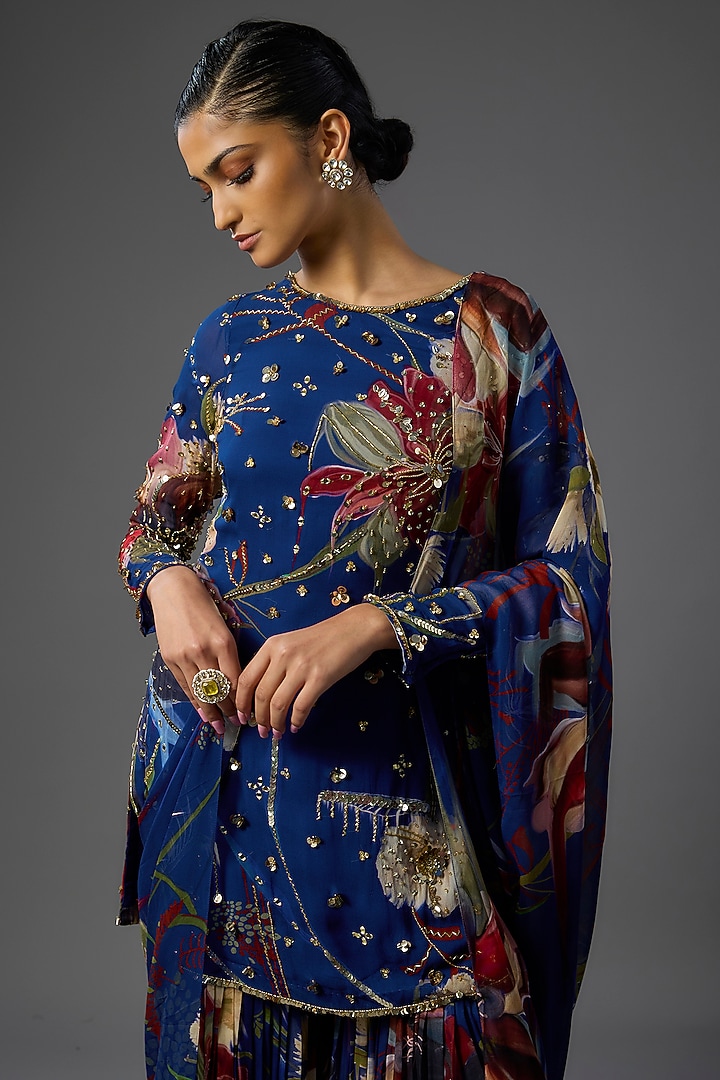 Blue Georgette Floral Printed Gharara Set by DiyaRajvvir at Pernia's Pop Up Shop
