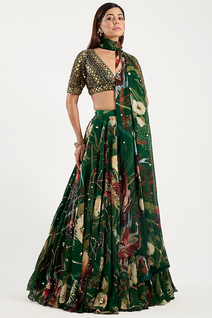 Green Organza & Georgette Printed Wedding Lehenga Set by DiyaRajvvir at Pernia's Pop Up Shop