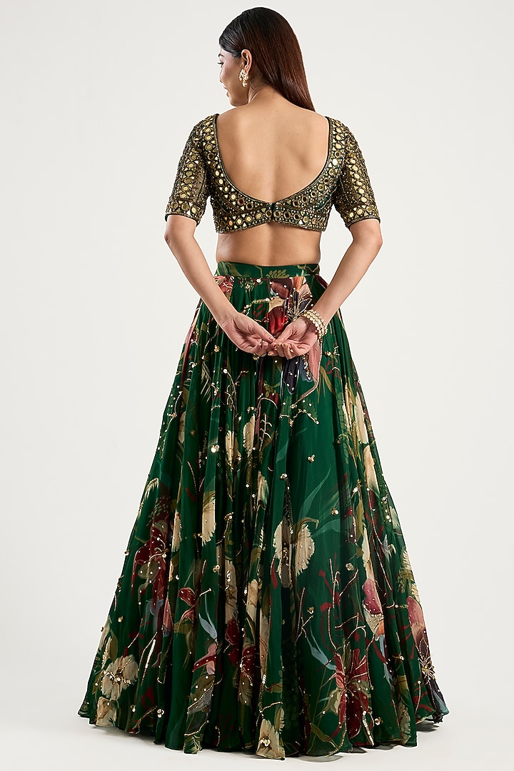 Green Organza & Georgette Printed Wedding Lehenga Set by DiyaRajvvir at Pernia's Pop Up Shop