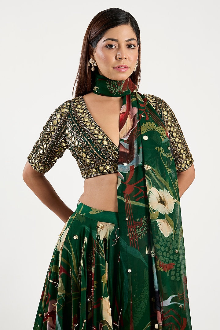 Green Organza & Georgette Printed Wedding Lehenga Set by DiyaRajvvir at Pernia's Pop Up Shop