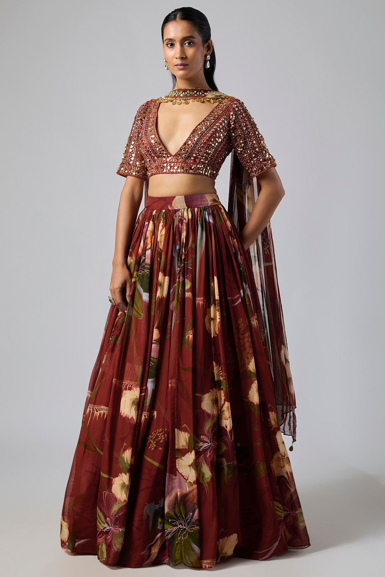 DiyaRajvvir Red Georgette Jaal Printed Lehenga Set