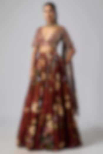 Red Georgette Jaal Printed Wedding Lehenga Set by DiyaRajvvir at Pernia's Pop Up Shop