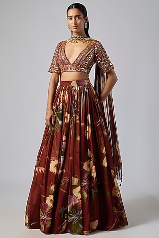 Red Georgette Jaal Printed Lehenga Set by DiyaRajvvir