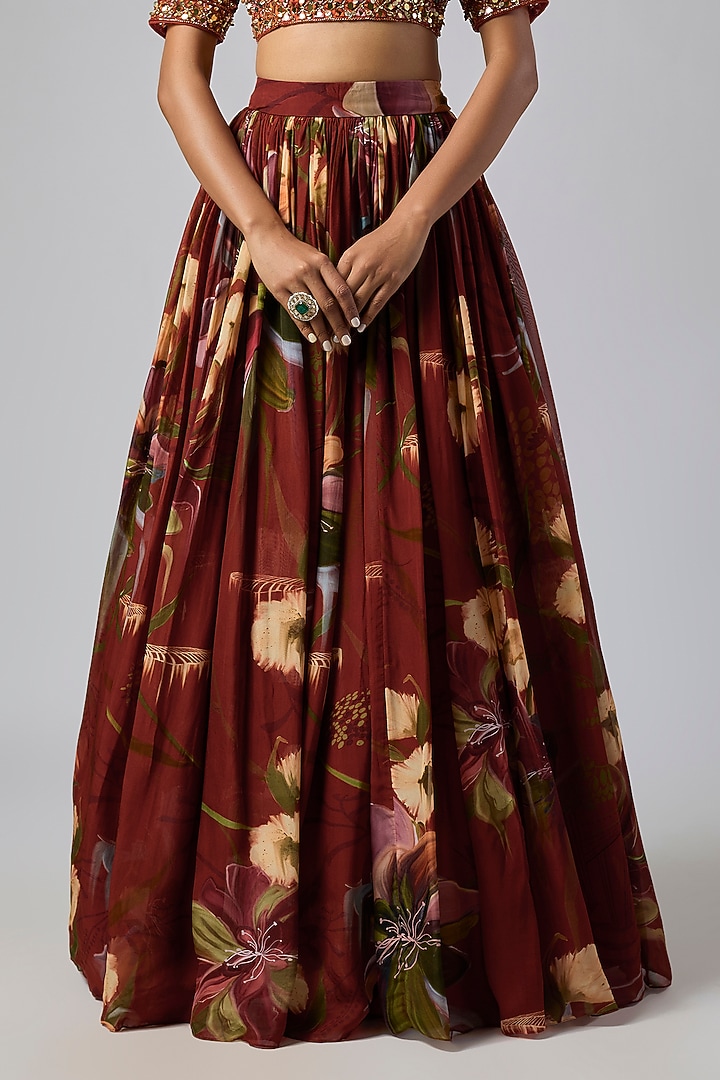 Red Georgette Jaal Printed Wedding Lehenga Set by DiyaRajvvir at Pernia's Pop Up Shop