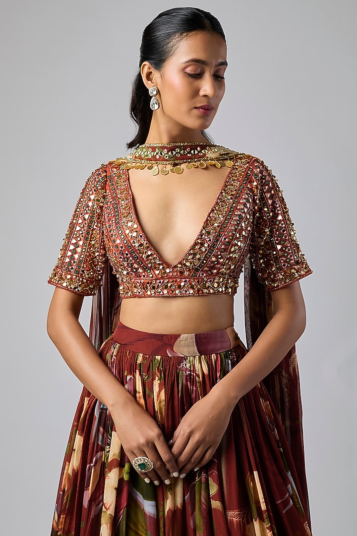 Red Georgette Jaal Printed Wedding Lehenga Set by DiyaRajvvir at Pernia's Pop Up Shop