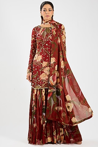 Red Georgette Floral Printed Gharara Set by DiyaRajvvir