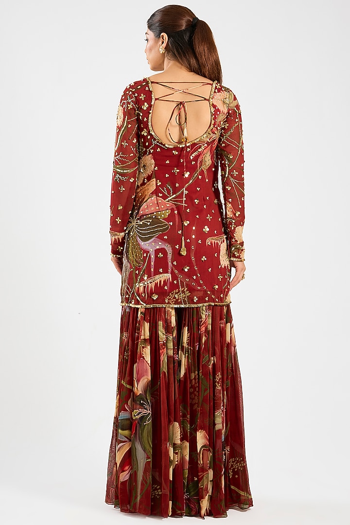 Red Georgette Floral Printed Gharara Set by DiyaRajvvir at Pernia's Pop Up Shop