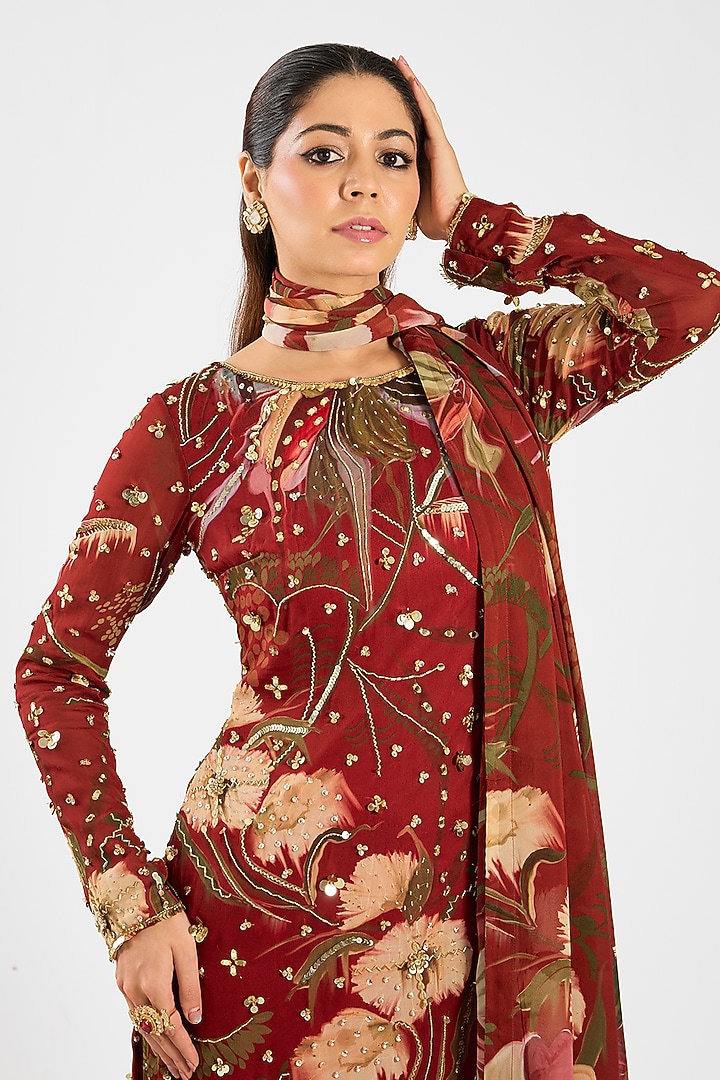 Red Georgette Floral Printed Gharara Set by DiyaRajvvir at Pernia's Pop Up Shop