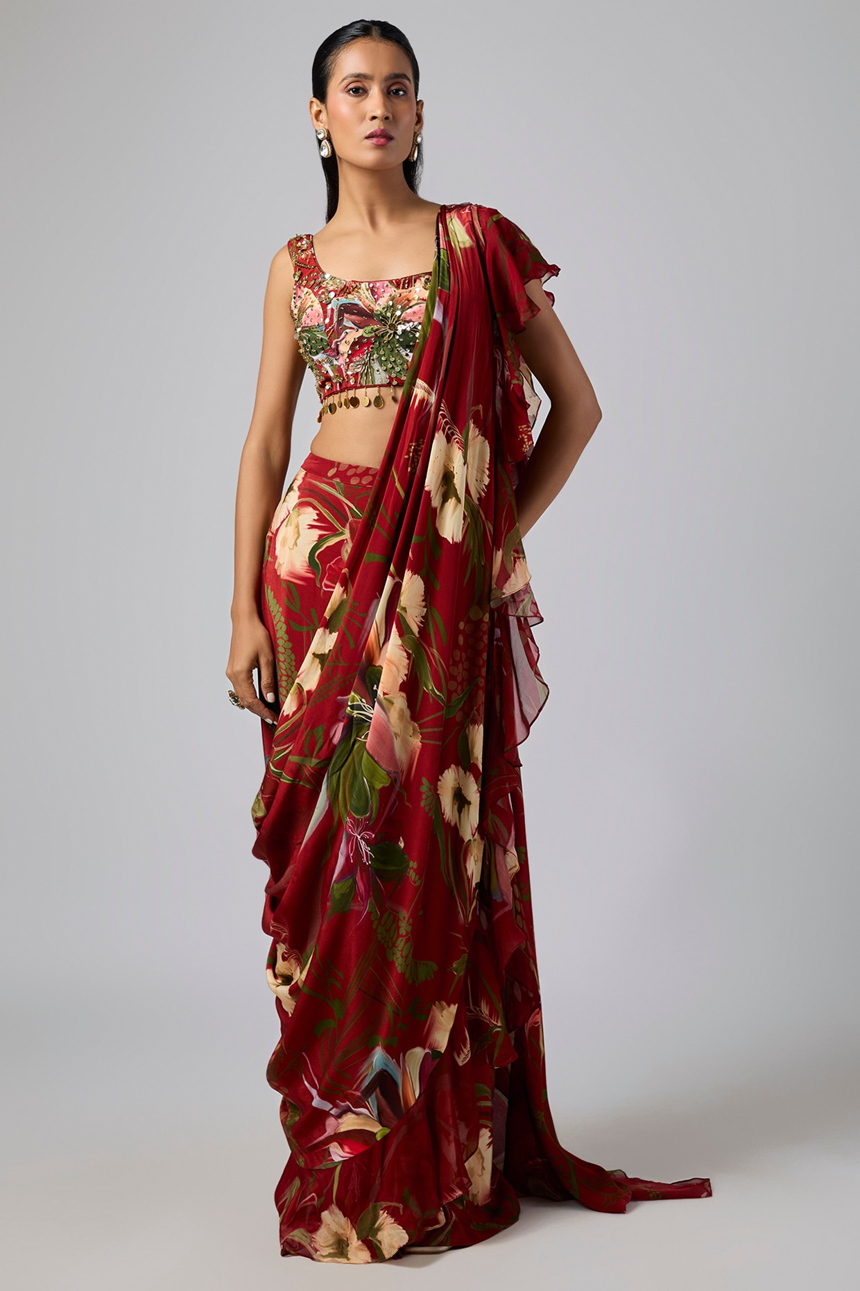 DiyaRajvvir Red Georgette Printed Draped Skirt Saree Set