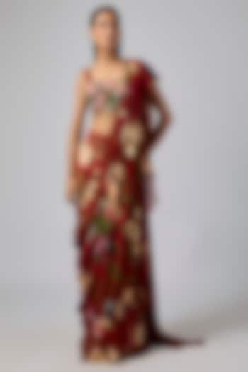Red Georgette Printed Draped Skirt Wedding Saree Set by DiyaRajvvir at Pernia's Pop Up Shop