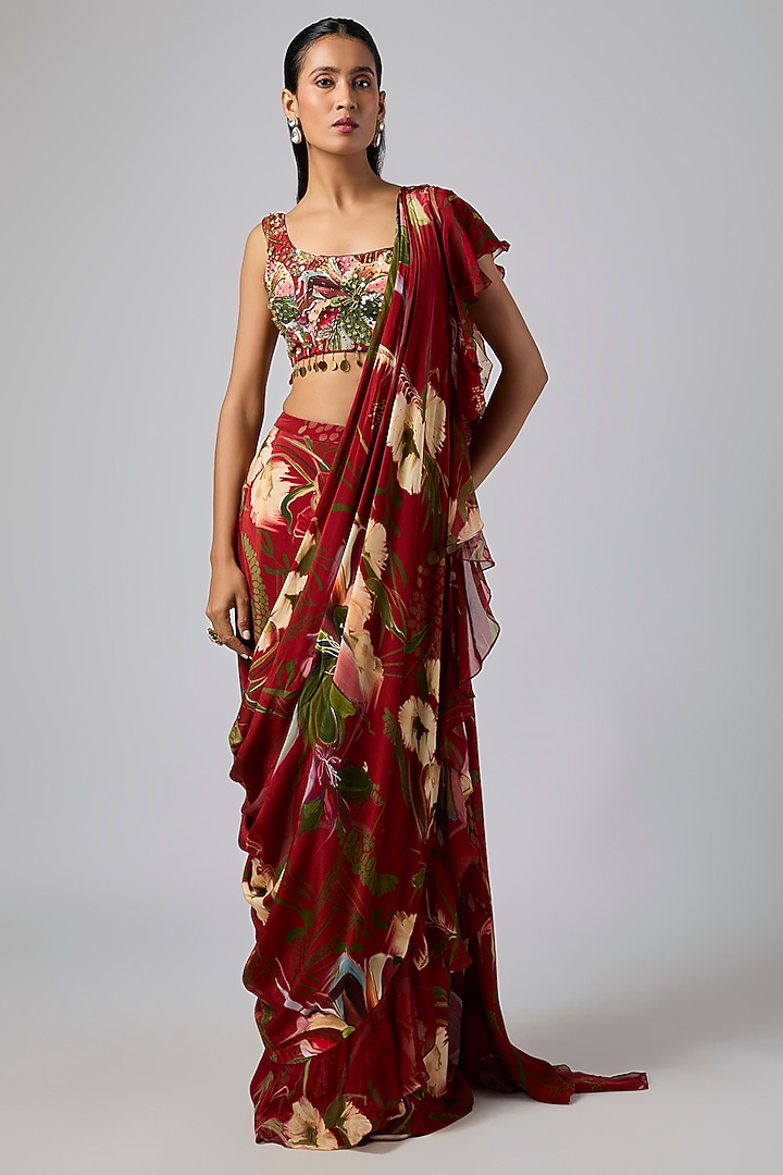 Red Georgette Printed Draped Skirt Wedding Saree Set by DiyaRajvvir at Pernia's Pop Up Shop