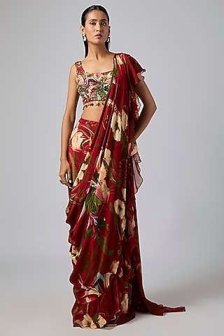 Red Georgette Printed Draped Skirt Saree Set by DiyaRajvvir