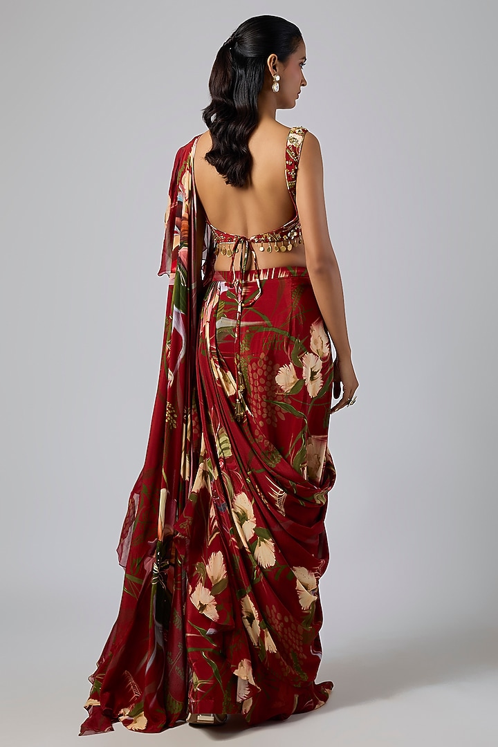 Red Georgette Printed Draped Skirt Wedding Saree Set by DiyaRajvvir at Pernia's Pop Up Shop