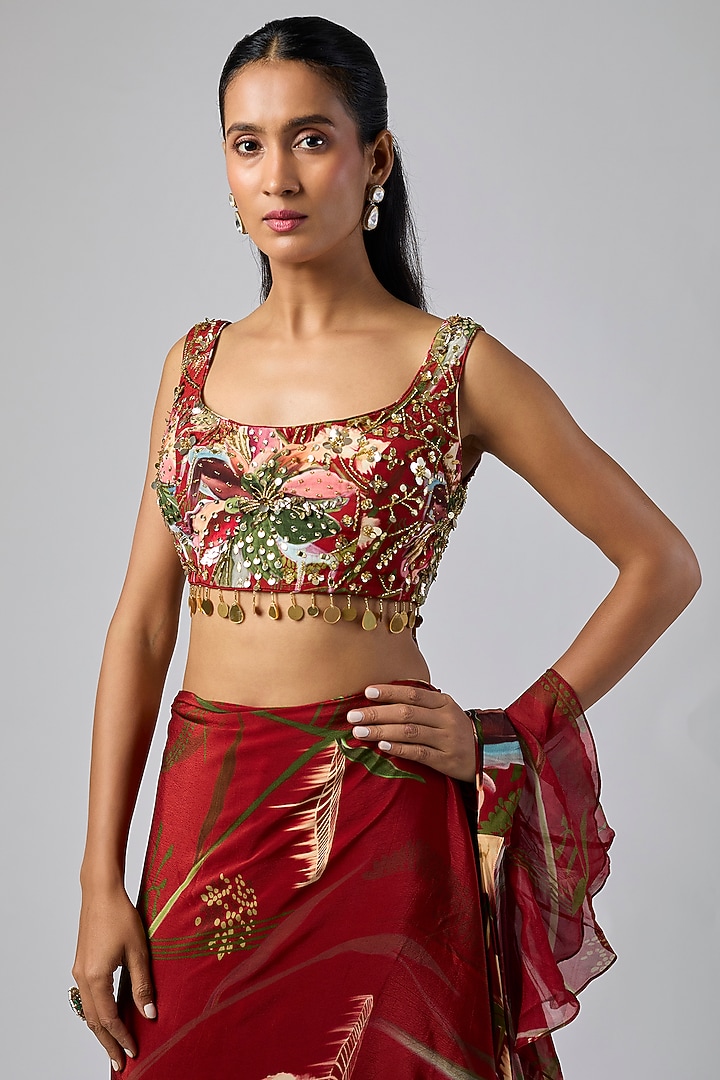 Red Georgette Printed Draped Skirt Wedding Saree Set by DiyaRajvvir at Pernia's Pop Up Shop