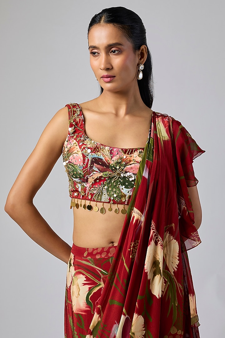 Red Georgette Printed Draped Skirt Wedding Saree Set by DiyaRajvvir at Pernia's Pop Up Shop