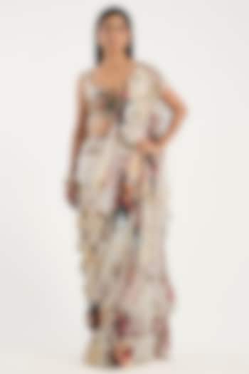 Ivory Oganza & Crepe Floral Printed Ruffled Wedding Saree Set by DiyaRajvvir at Pernia's Pop Up Shop