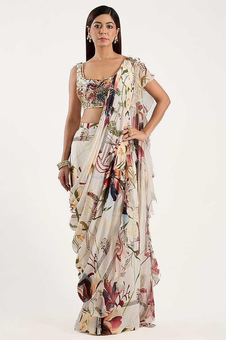 Ivory Oganza & Crepe Floral Printed Ruffled Wedding Saree Set by DiyaRajvvir at Pernia's Pop Up Shop