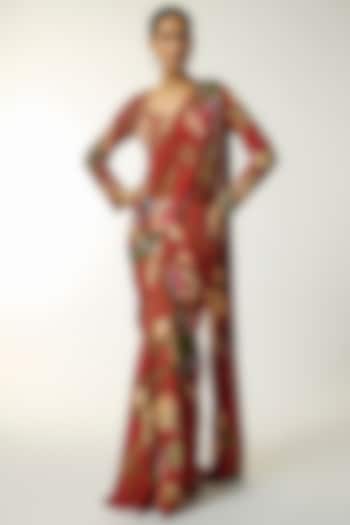 Red Butter Crepe Floral Printed Dhoti Wedding Saree Set by DiyaRajvvir at Pernia's Pop Up Shop