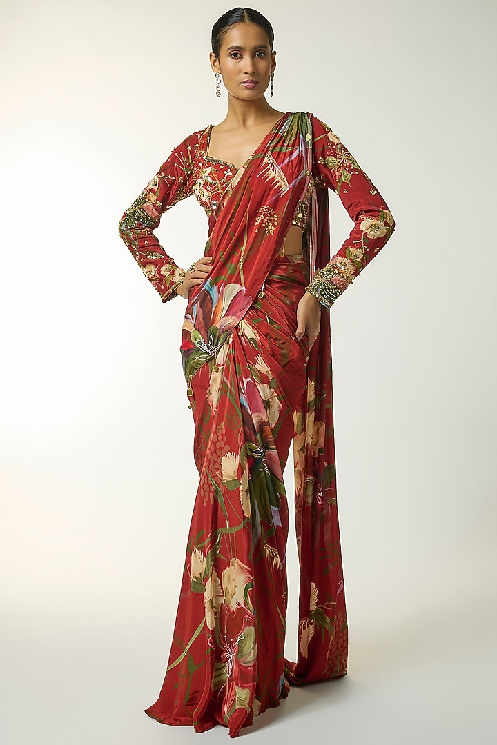 Red Butter Crepe Floral Printed Dhoti Wedding Saree Set by DiyaRajvvir at Pernia's Pop Up Shop