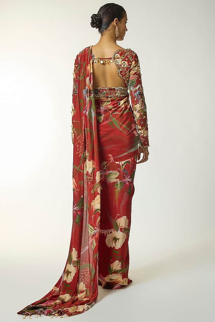 Red Butter Crepe Floral Printed Dhoti Wedding Saree Set by DiyaRajvvir at Pernia's Pop Up Shop