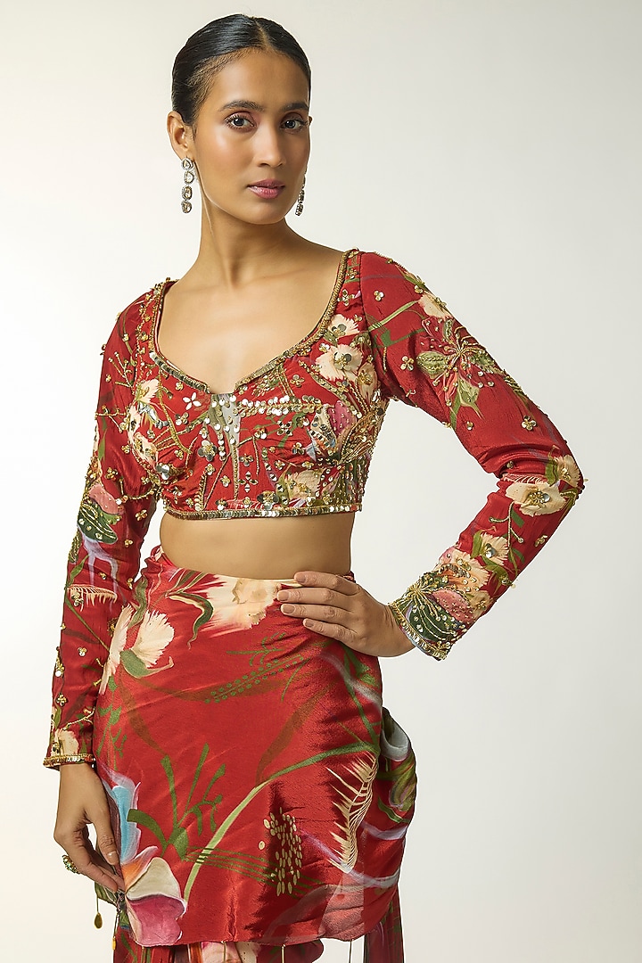 Red Butter Crepe Floral Printed Dhoti Wedding Saree Set by DiyaRajvvir at Pernia's Pop Up Shop