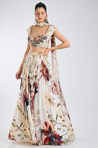 Ivory Georgette Leaf Printed Lehenga Set by DiyaRajvvir