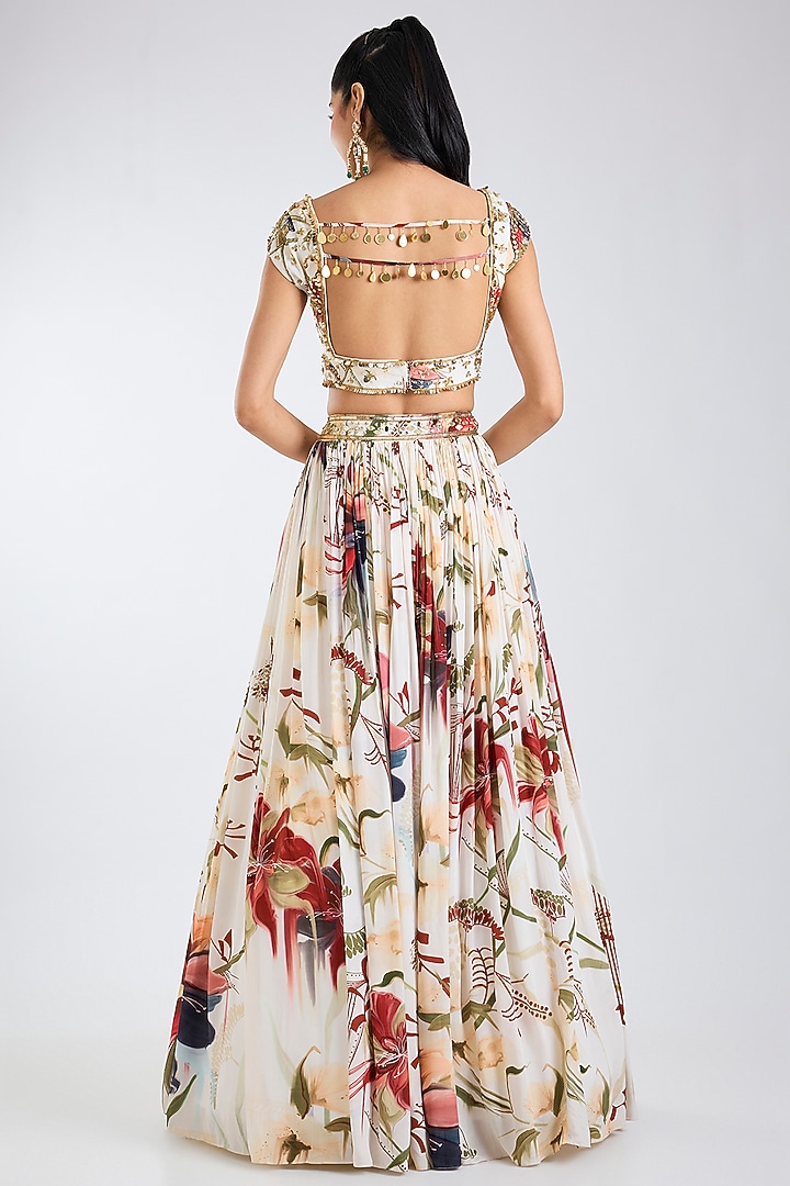 Ivory Georgette Leaf Printed Wedding Lehenga Set by DiyaRajvvir at Pernia's Pop Up Shop