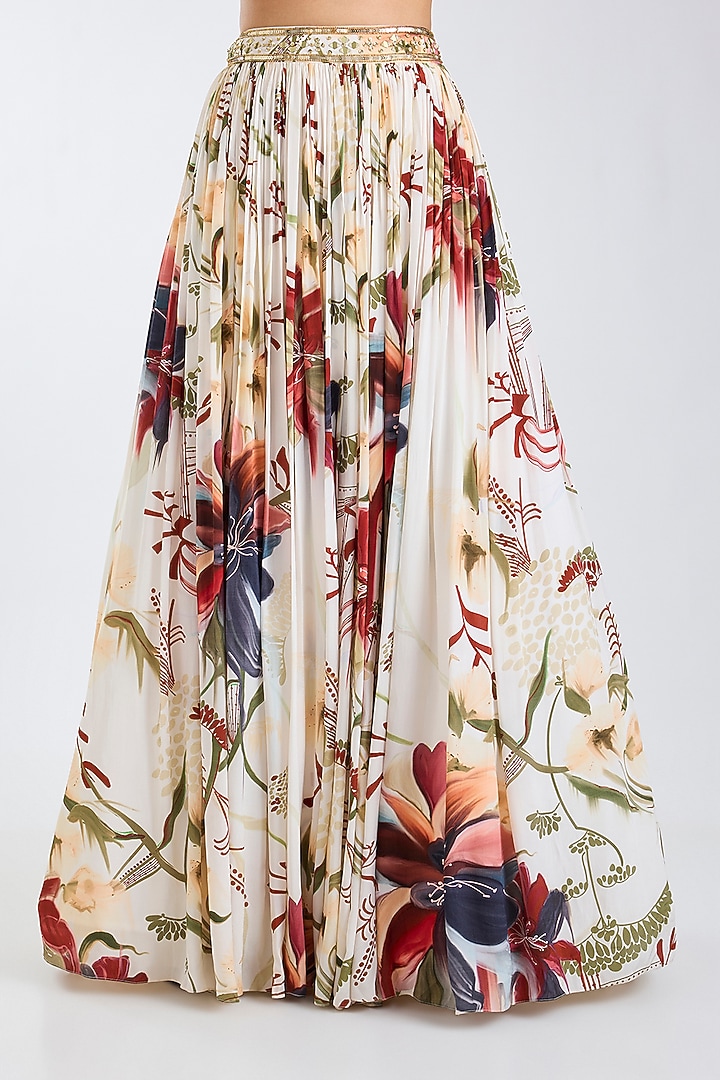 Ivory Georgette Leaf Printed Wedding Lehenga Set by DiyaRajvvir at Pernia's Pop Up Shop