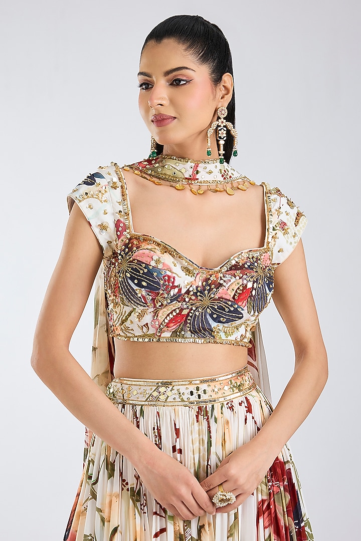 Ivory Georgette Leaf Printed Wedding Lehenga Set by DiyaRajvvir at Pernia's Pop Up Shop