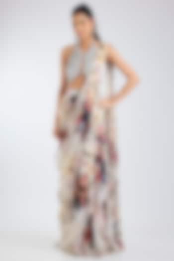 Ivory Tulle & Georgette Floral Printed Tiered Skirt Wedding Saree Set by DiyaRajvvir at Pernia's Pop Up Shop