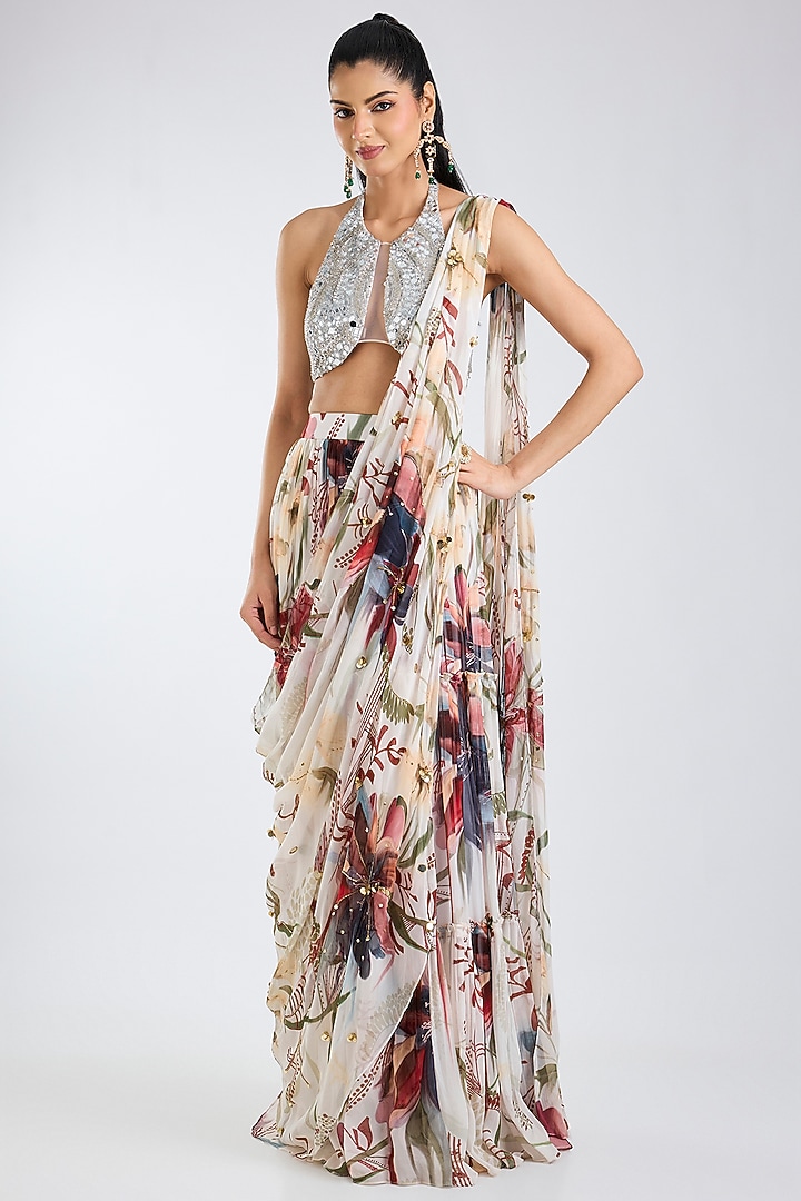 Ivory Tulle & Georgette Floral Printed Tiered Skirt Wedding Saree Set by DiyaRajvvir at Pernia's Pop Up Shop