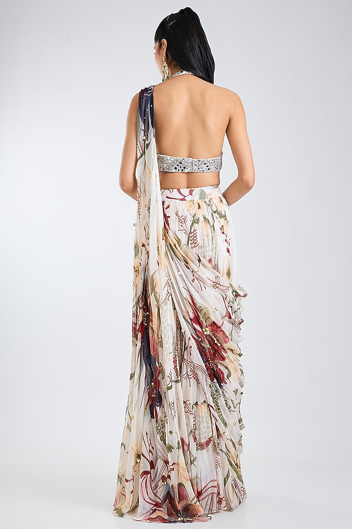Ivory Tulle & Georgette Floral Printed Tiered Skirt Wedding Saree Set by DiyaRajvvir at Pernia's Pop Up Shop