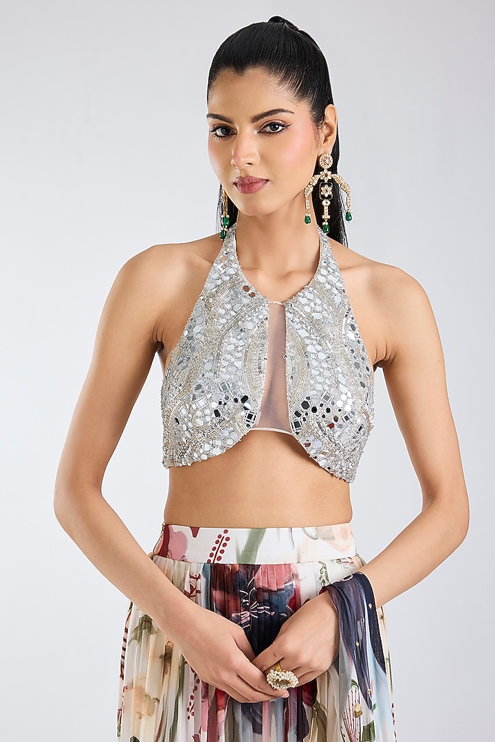 Ivory Tulle & Georgette Floral Printed Tiered Skirt Wedding Saree Set by DiyaRajvvir at Pernia's Pop Up Shop