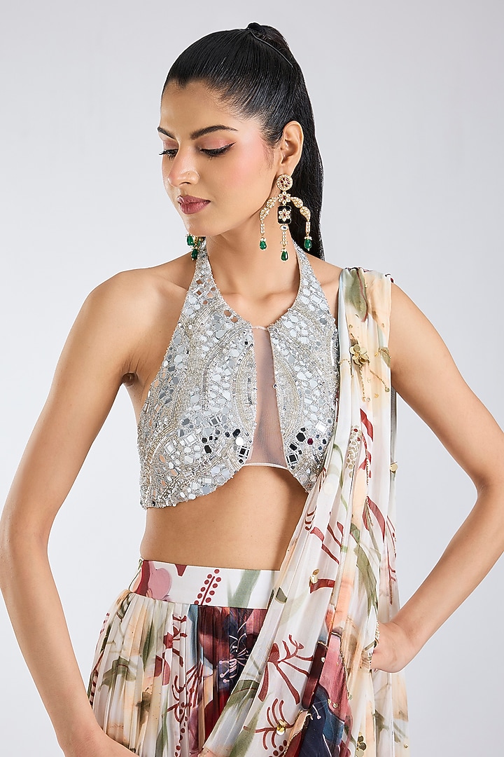 Ivory Tulle & Georgette Floral Printed Tiered Skirt Wedding Saree Set by DiyaRajvvir at Pernia's Pop Up Shop